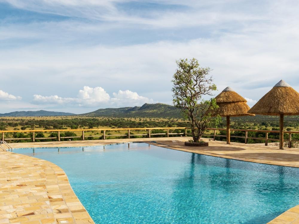 Piscina com deck de pedra e guarda-sóis de palha diante da savana